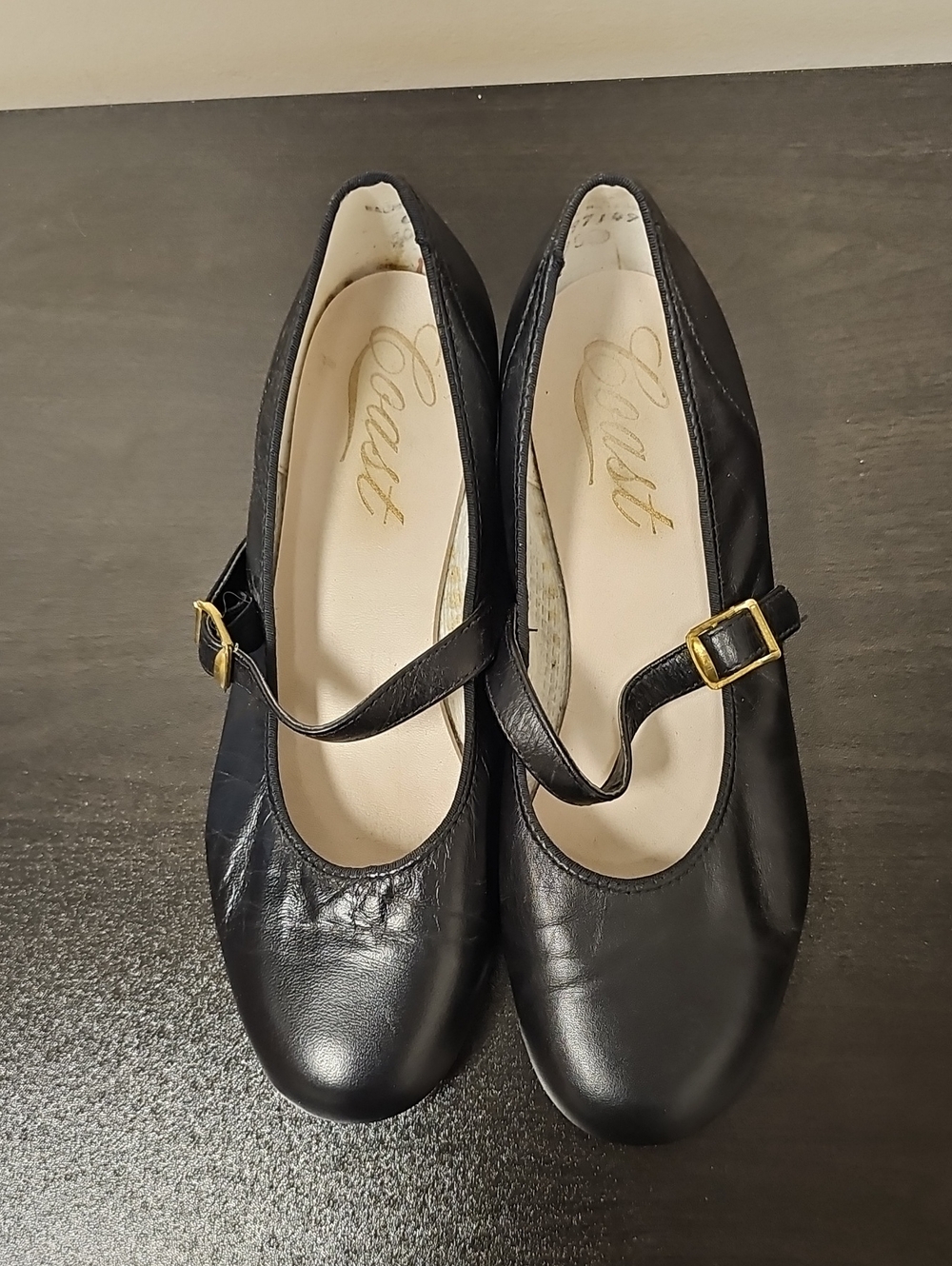 Coast Black Leather Mary Jane Flats with Gold Buckles
